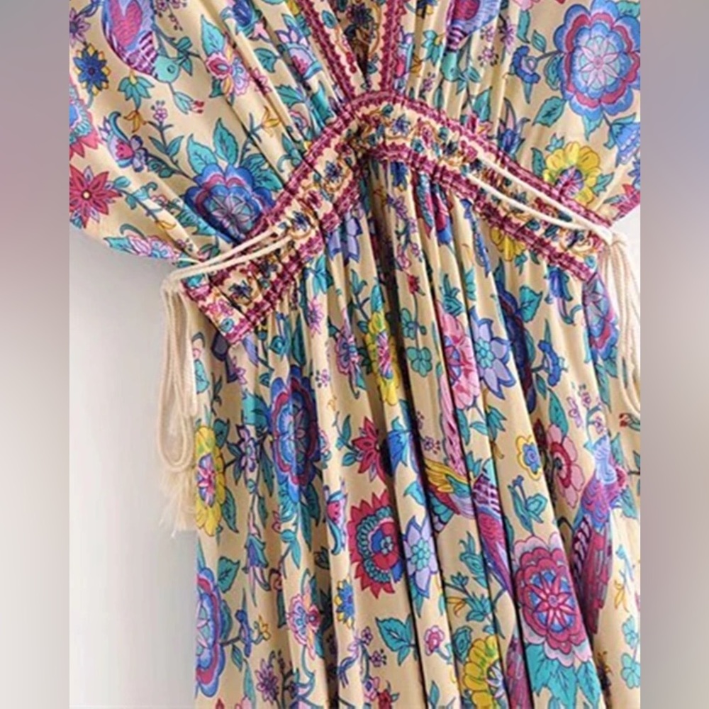 Bohemian dress floral beach maxi tie v-neck flow peacock summer multicolor rope - Picture 4 of 7